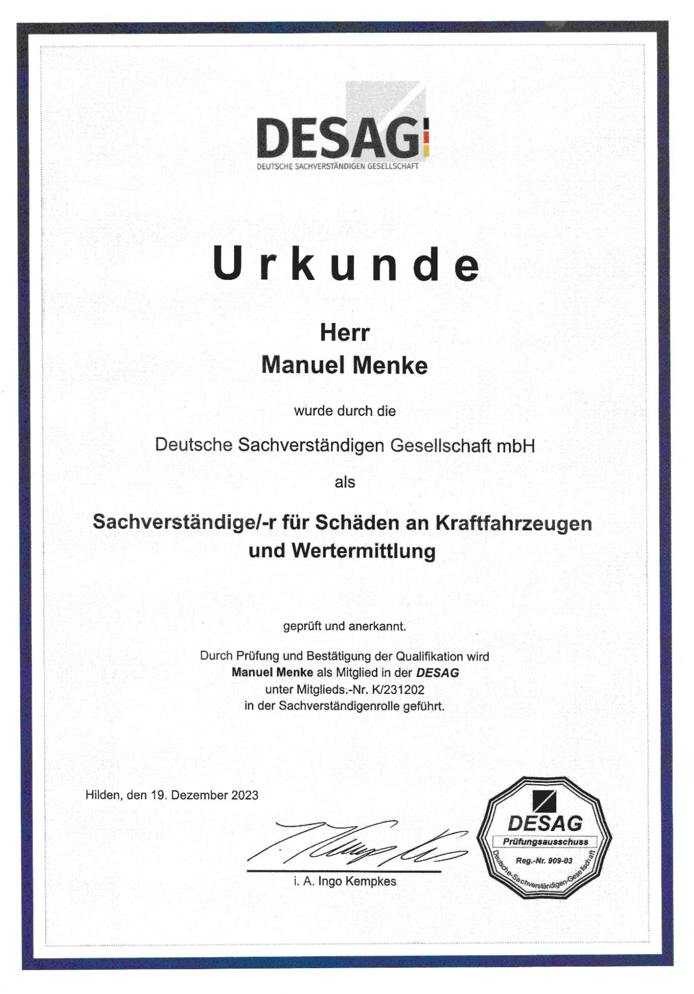 Urkunde DESAG